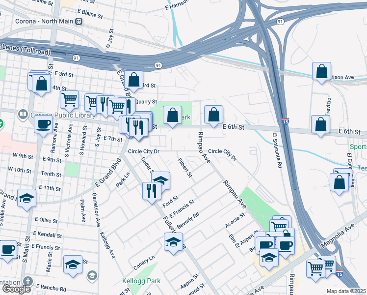 map of restaurants, bars, coffee shops, grocery stores, and more near 1065 Circle City Drive in Corona