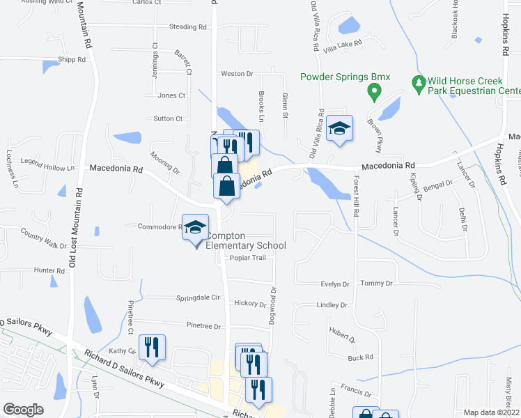 map of restaurants, bars, coffee shops, grocery stores, and more near 3240 Dogwood Drive in Powder Springs