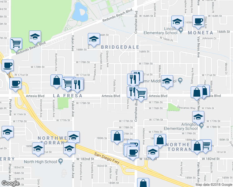 map of restaurants, bars, coffee shops, grocery stores, and more near 17326 Falda Avenue in Torrance