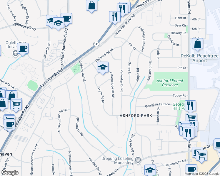 map of restaurants, bars, coffee shops, grocery stores, and more near 2908 Cravenridge Drive Northeast in Atlanta