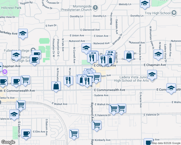 map of restaurants, bars, coffee shops, grocery stores, and more near 1128 East Whiting Avenue in Fullerton