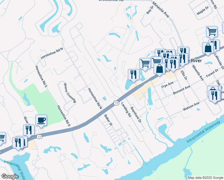 map of restaurants, bars, coffee shops, grocery stores, and more near 4281 Hibiscus Drive in Little River