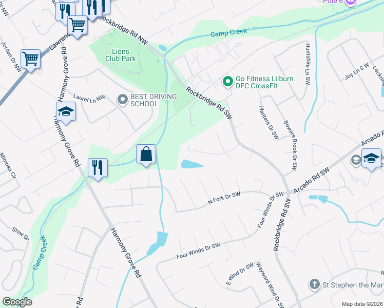 map of restaurants, bars, coffee shops, grocery stores, and more near 5476 Georgetown Trce Southwest in Lilburn