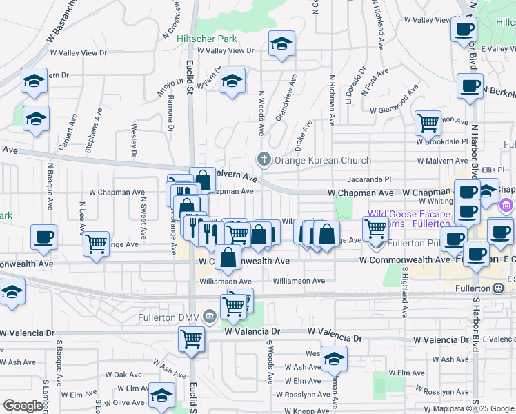 map of restaurants, bars, coffee shops, grocery stores, and more near 323 North Woods Avenue in Fullerton