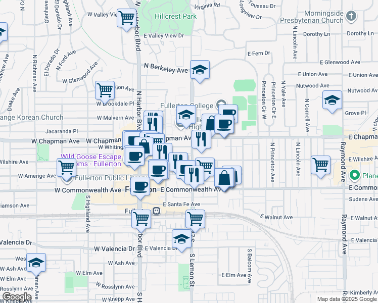 map of restaurants, bars, coffee shops, grocery stores, and more near in Fullerton