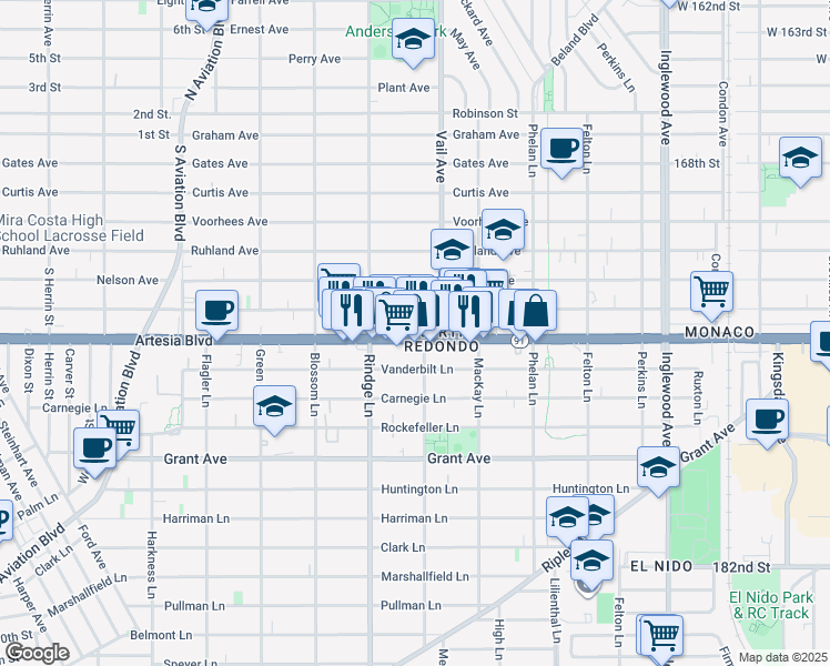 map of restaurants, bars, coffee shops, grocery stores, and more near 2221 Artesia Boulevard in Redondo Beach
