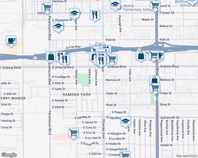 map of restaurants, bars, coffee shops, grocery stores, and more near 3445 East 65th Street in Long Beach
