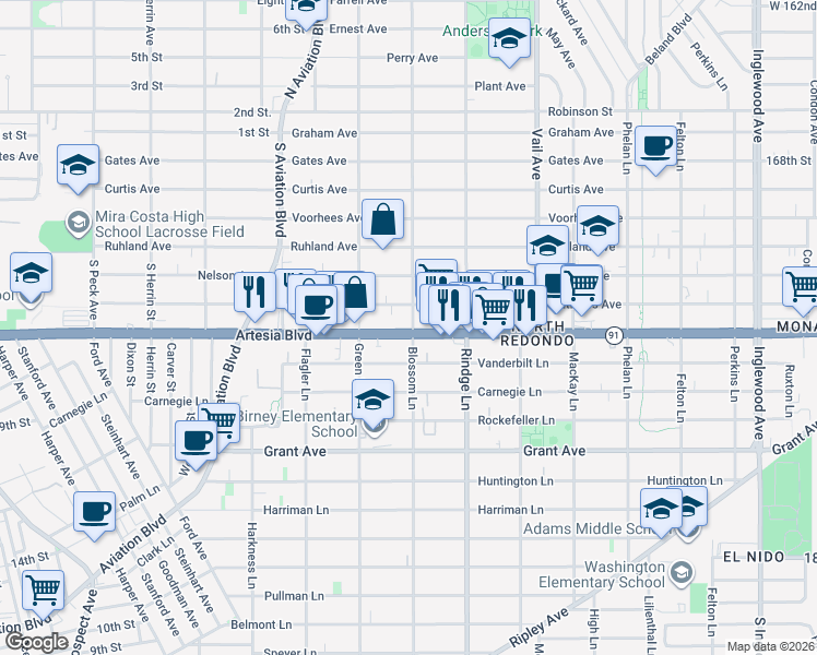map of restaurants, bars, coffee shops, grocery stores, and more near 2009 Blossom Lane in Redondo Beach