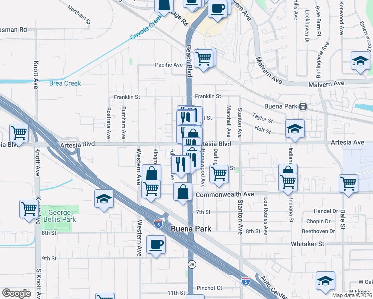 map of restaurants, bars, coffee shops, grocery stores, and more near 6025 Beach Boulevard in Buena Park