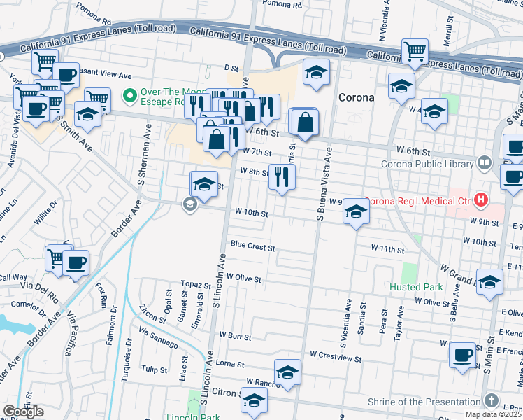 map of restaurants, bars, coffee shops, grocery stores, and more near 924 Wakefield Avenue in Corona
