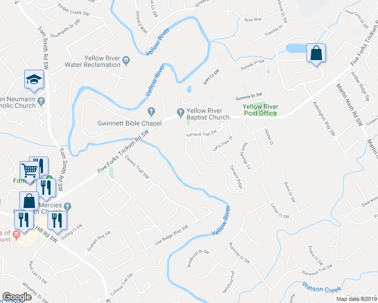 map of restaurants, bars, coffee shops, grocery stores, and more near 3760 Terrasol Trail Southwest in Lilburn