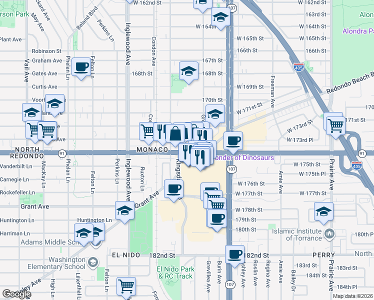 map of restaurants, bars, coffee shops, grocery stores, and more near 4541 Artesia Boulevard in Lawndale