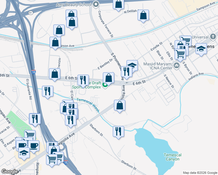 map of restaurants, bars, coffee shops, grocery stores, and more near 1560 East 6th Street in Corona