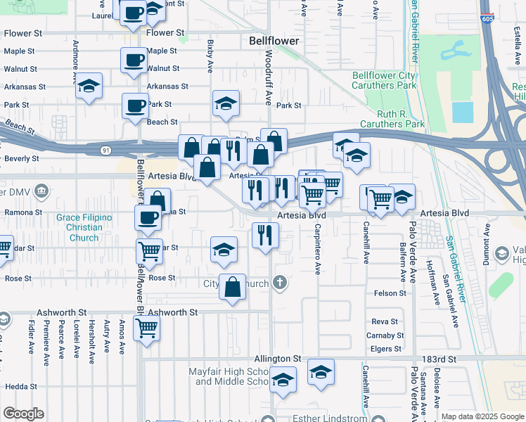 map of restaurants, bars, coffee shops, grocery stores, and more near 10135 Artesia Boulevard in Bellflower