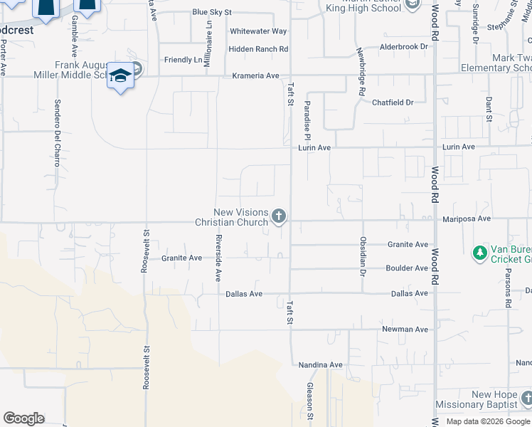 map of restaurants, bars, coffee shops, grocery stores, and more near 18365 Mariposa Avenue in Riverside