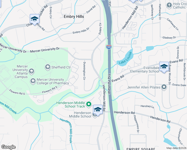 map of restaurants, bars, coffee shops, grocery stores, and more near 2990 Henderson Mill Road in Chamblee