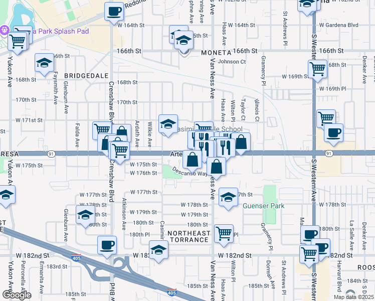 map of restaurants, bars, coffee shops, grocery stores, and more near 2425 Artesia Boulevard in Torrance