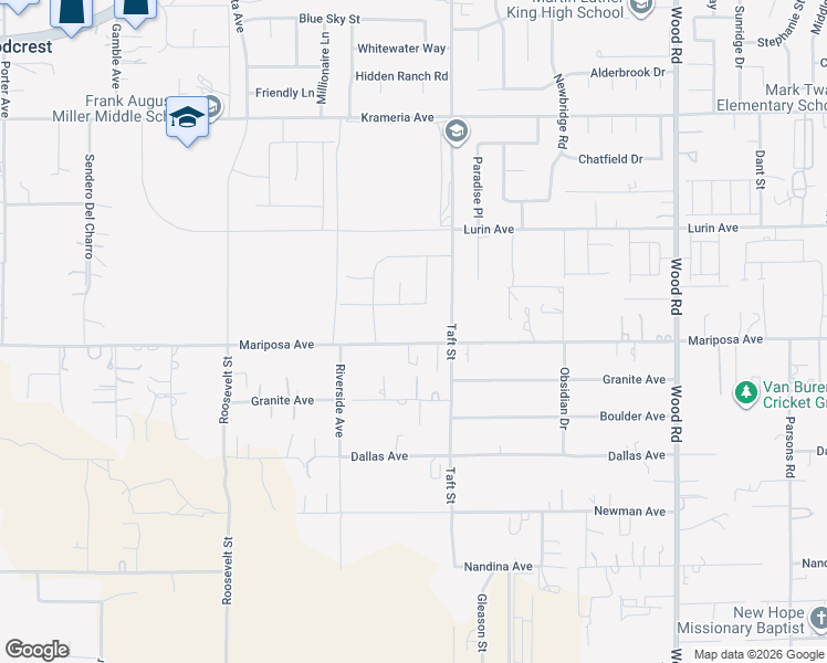 map of restaurants, bars, coffee shops, grocery stores, and more near 18404 Mariposa Avenue in Riverside