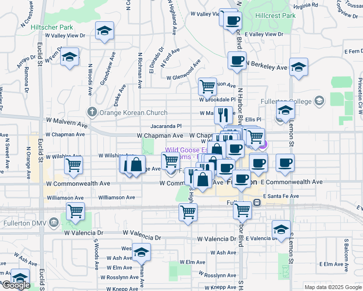 map of restaurants, bars, coffee shops, grocery stores, and more near 318 West Whiting Avenue in Fullerton
