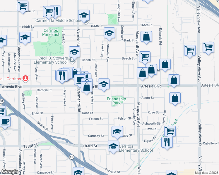 map of restaurants, bars, coffee shops, grocery stores, and more near 17403 Linda Way in Cerritos