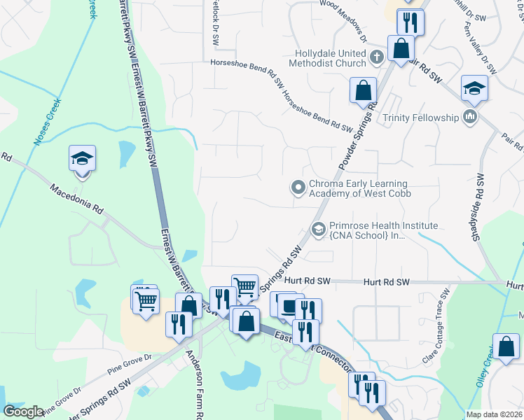 map of restaurants, bars, coffee shops, grocery stores, and more near 2540 Curtis Road Southwest in Marietta