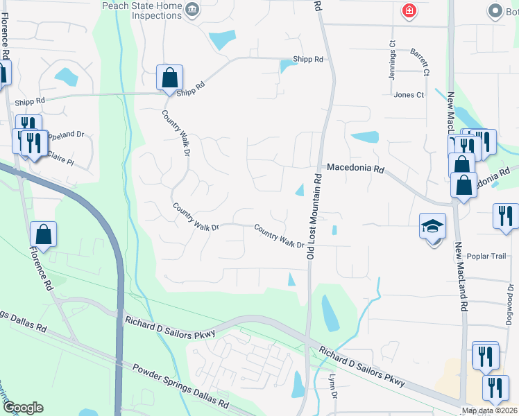 map of restaurants, bars, coffee shops, grocery stores, and more near 3350 Timber Ridge in Powder Springs