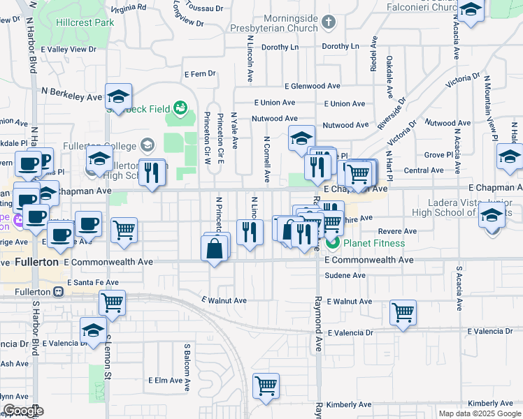 map of restaurants, bars, coffee shops, grocery stores, and more near 212 North Lincoln Avenue in Fullerton