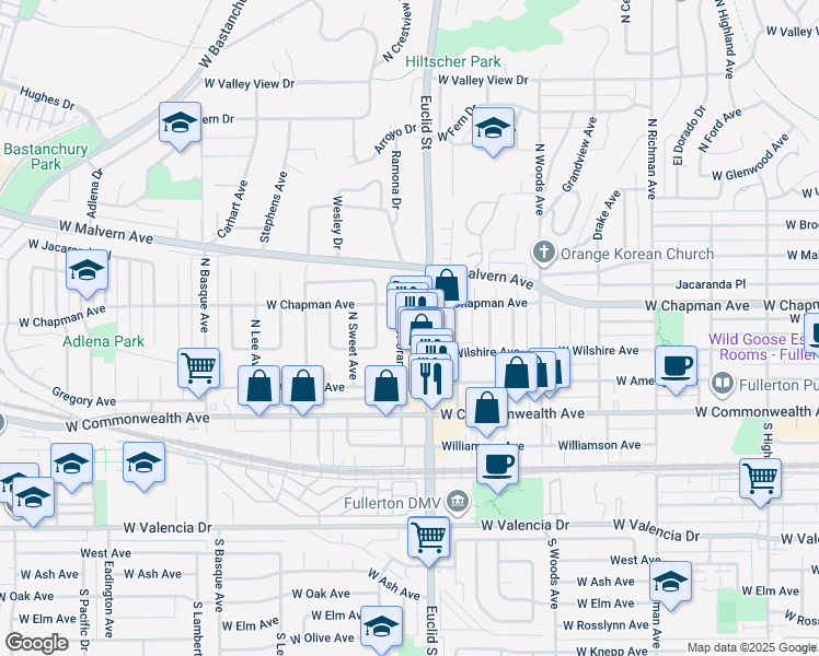map of restaurants, bars, coffee shops, grocery stores, and more near in Fullerton