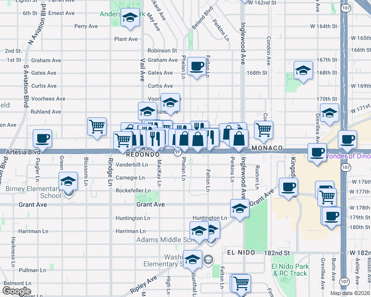 map of restaurants, bars, coffee shops, grocery stores, and more near 2501 Artesia Boulevard in Redondo Beach