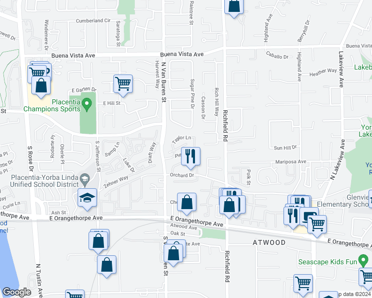 map of restaurants, bars, coffee shops, grocery stores, and more near 1757 Pierce Lane in Placentia