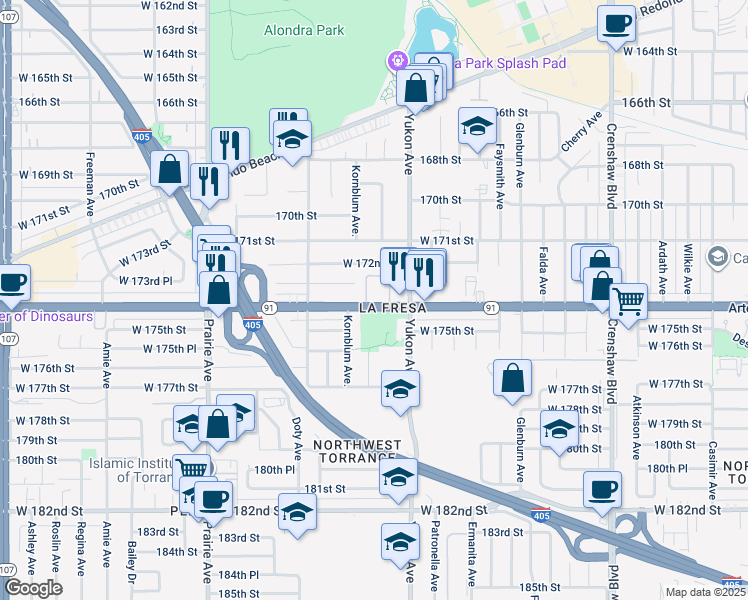 map of restaurants, bars, coffee shops, grocery stores, and more near 3655 Artesia Boulevard in Torrance