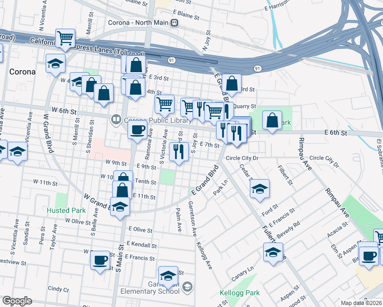 map of restaurants, bars, coffee shops, grocery stores, and more near 409 East 8th Street in Corona