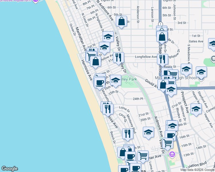map of restaurants, bars, coffee shops, grocery stores, and more near 231 26th Street in Hermosa Beach