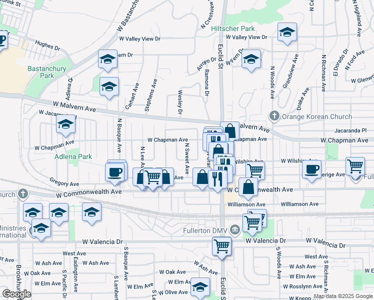 map of restaurants, bars, coffee shops, grocery stores, and more near 308 North Sweet Avenue in Fullerton