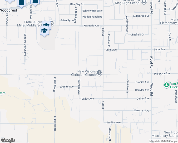 map of restaurants, bars, coffee shops, grocery stores, and more near 18332 Mariposa Avenue in Riverside