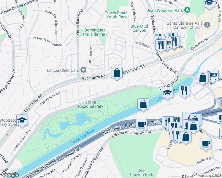 map of restaurants, bars, coffee shops, grocery stores, and more near 1200 North Allwood Circle in Anaheim