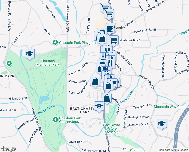 map of restaurants, bars, coffee shops, grocery stores, and more near 220 Lake Forrest Lane Northeast in Atlanta