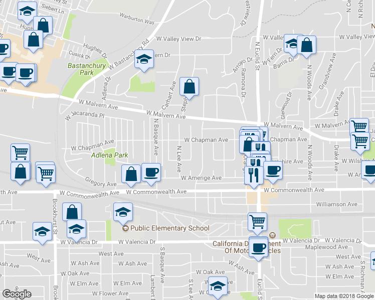 map of restaurants, bars, coffee shops, grocery stores, and more near 315 Michael Avenue in Fullerton