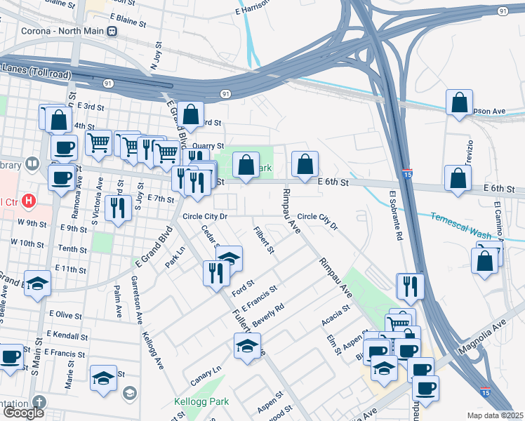 map of restaurants, bars, coffee shops, grocery stores, and more near 1057 Circle City Drive in Corona