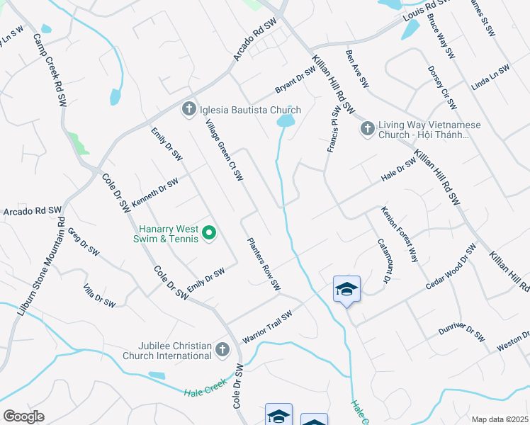 map of restaurants, bars, coffee shops, grocery stores, and more near 530 Village Green Court Southwest in Lilburn