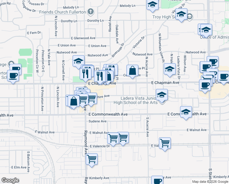 map of restaurants, bars, coffee shops, grocery stores, and more near 307 North Hart Place in Fullerton