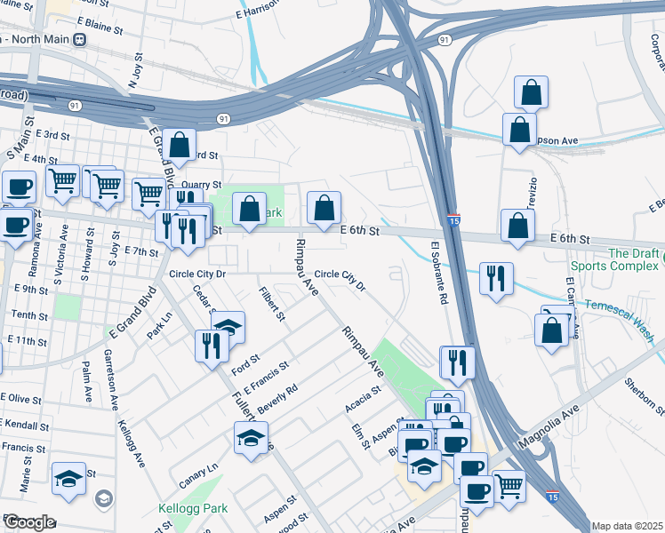 map of restaurants, bars, coffee shops, grocery stores, and more near 1149 Circle City Drive in Corona