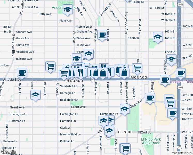 map of restaurants, bars, coffee shops, grocery stores, and more near 2423 Artesia Boulevard in Redondo Beach