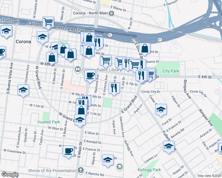 map of restaurants, bars, coffee shops, grocery stores, and more near 315 East 8th Street in Corona