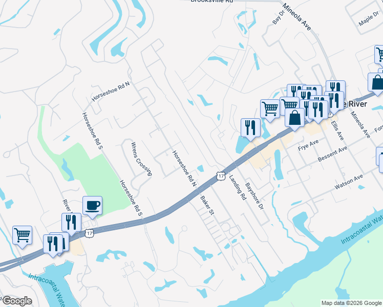 map of restaurants, bars, coffee shops, grocery stores, and more near 4233 Ravenwood Drive in Little River
