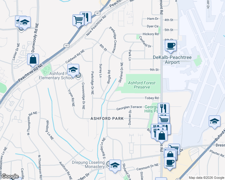 map of restaurants, bars, coffee shops, grocery stores, and more near 2936 Skyland Dr NE in Chamblee