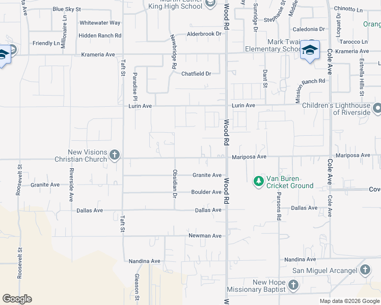 map of restaurants, bars, coffee shops, grocery stores, and more near 18820 Mariposa Avenue in Riverside