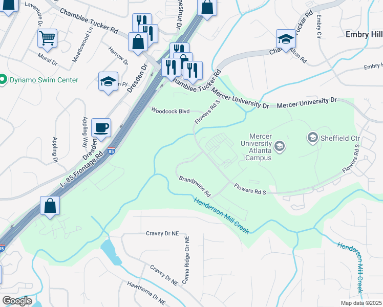 map of restaurants, bars, coffee shops, grocery stores, and more near 2835 Brandywine Road in Atlanta
