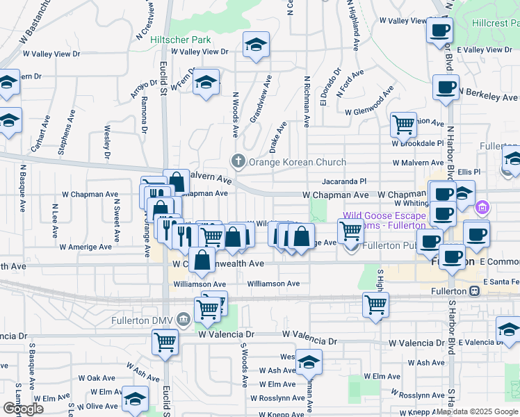 map of restaurants, bars, coffee shops, grocery stores, and more near 320 North Marwood Avenue in Fullerton