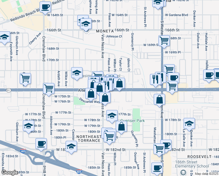 map of restaurants, bars, coffee shops, grocery stores, and more near 17326 Haas Avenue in Torrance
